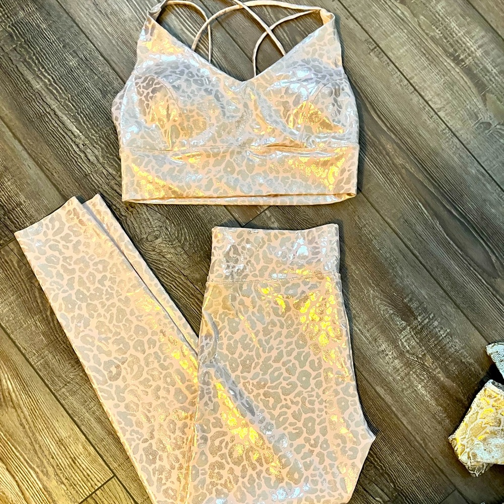 Pink/Leopard Foil Metallic Sports Bra and Leggings Set